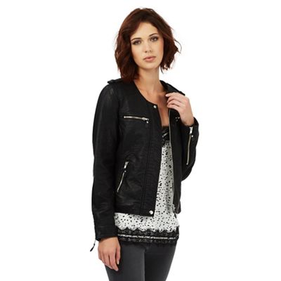 Black collarless faux leather jacket